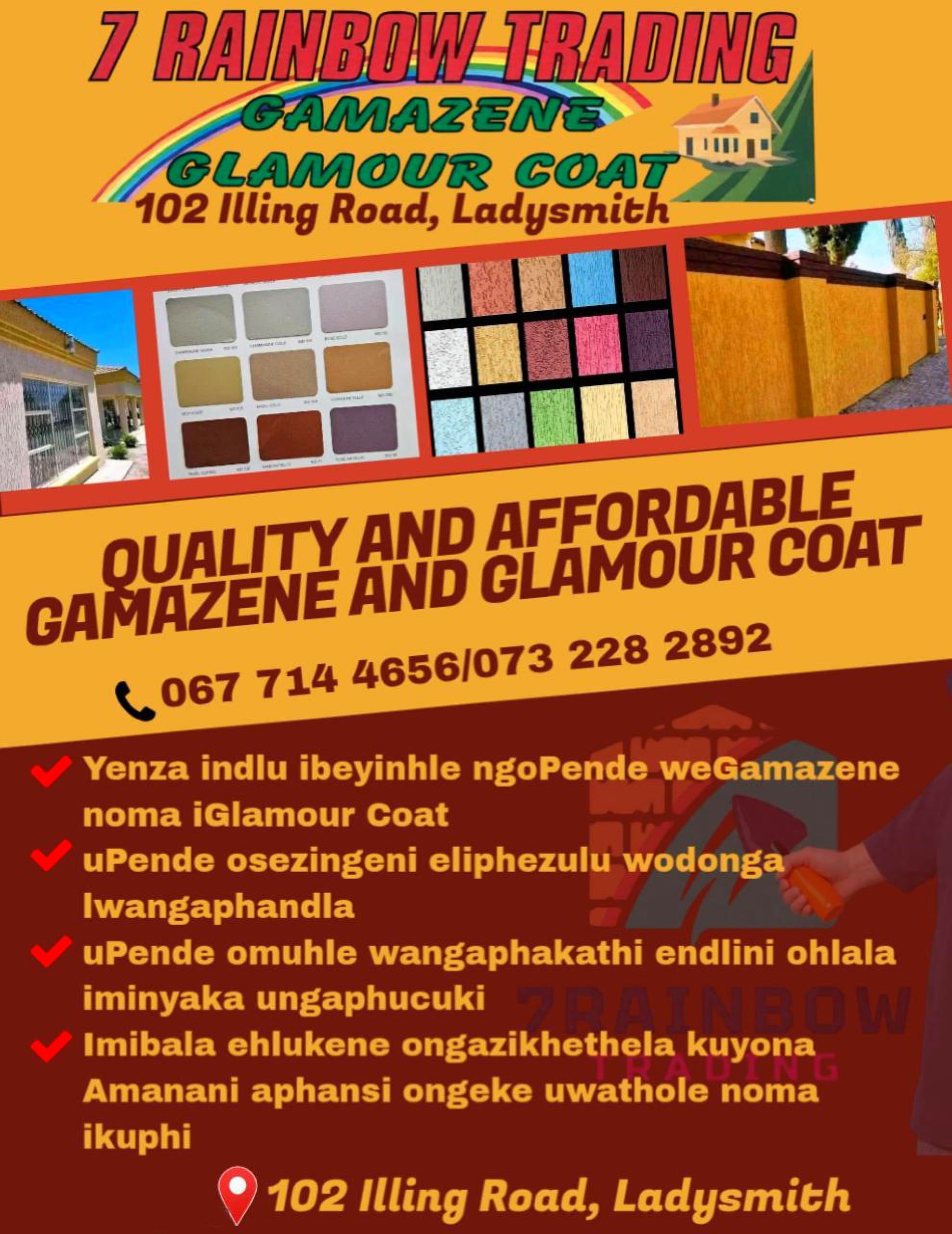 7 Rainbow Trading promotional flyer showing services and contact details